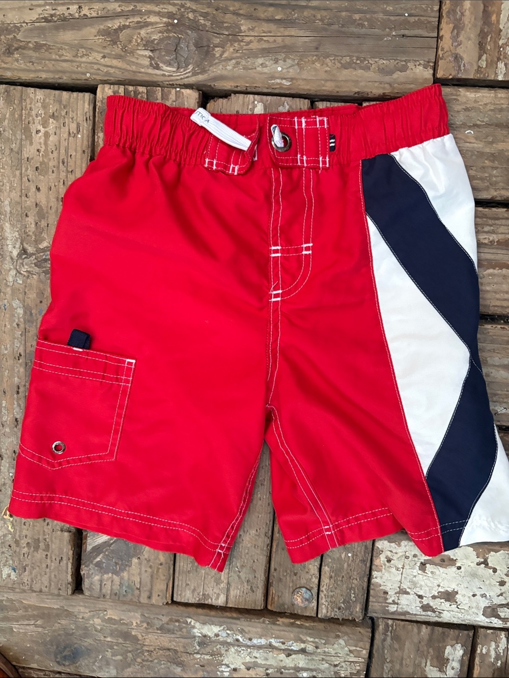 Nautica Red Boys' Swim Shorts with Navy & White Side Panel